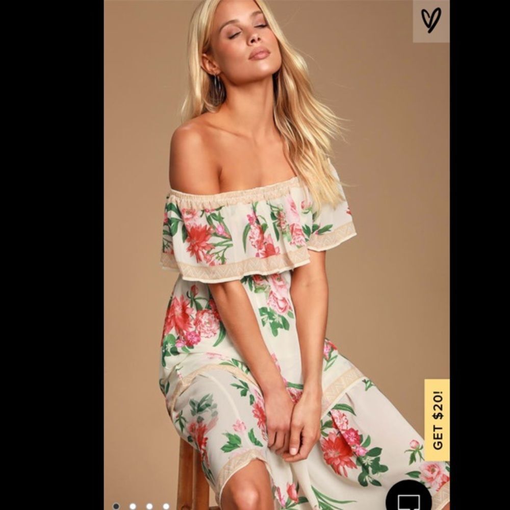 Lulu’s cream floral off the shoulder tiered dressNWOT